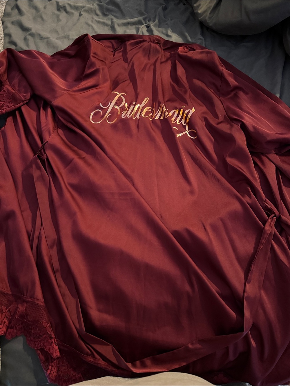 Bridesmaid Satin Robe in Burgundy with Gold Script